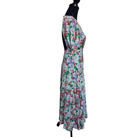 L.K. Bennett Green Floral Silk Midi Dress SIZE 12 Satin Romantic Designer $825 - Picture 8 of 10